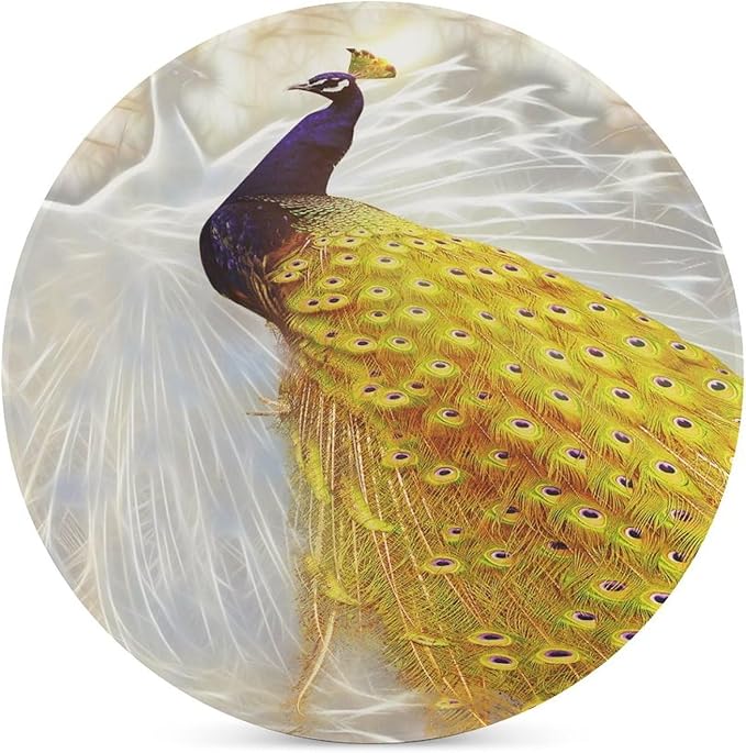 Round-6PCS Peacock Ceramic Coasters, Round Absorbent Drink Coasters, Vintage Style Beautiful Gold White Peacock Ceramic Table Coasters for Coffee, Beverage, Wine, Beer Coasters