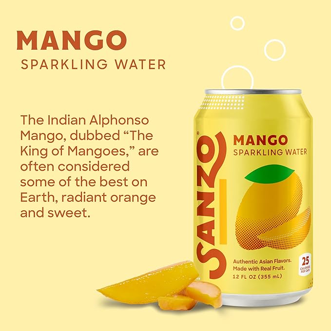 Sanzo Flavored Sparkling Water - Mango Seltzer - Low Calorie Low Sugar - Craft Asian Drinks - Vegan Gluten Free Carbonated Flavored Water - Fizzy Bubbly Healthy Drinks - 12oz, 12 Pack