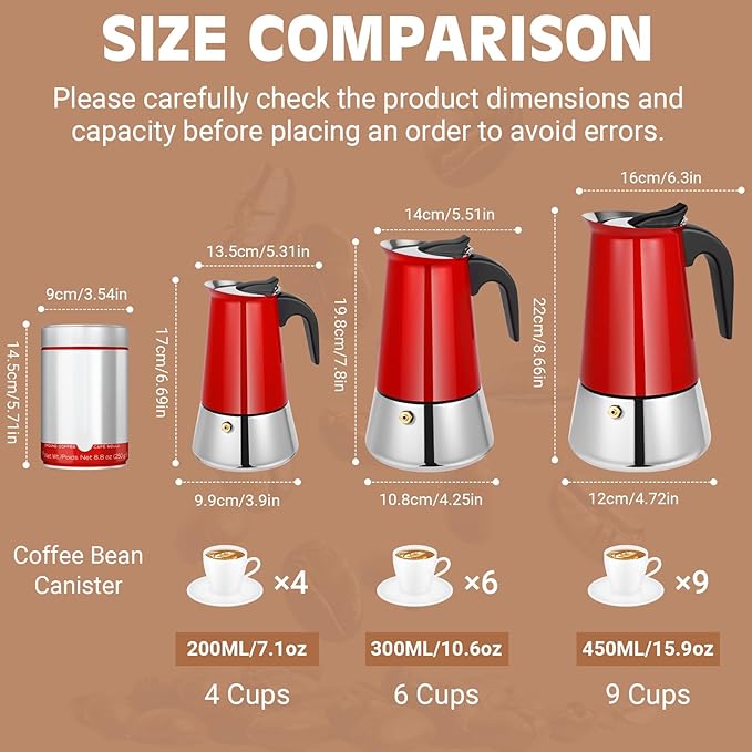 Suiitat Moka Pot, 4 Cups (7.1 oz) Stovetop Espresso Maker, 304 Stainless Steel Moka Pot, Induction Compatible, Red