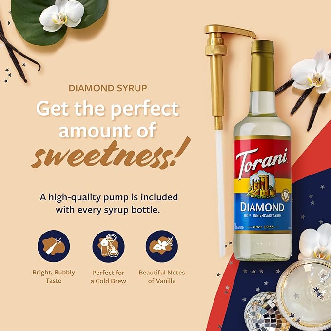 Torani Diamond Anniversary Syrup for Drinks, Bright & Crisp Bubbly Flavoring with Vanilla Notes, Glass Bottle with Pump Included, 25.4 Fl Oz