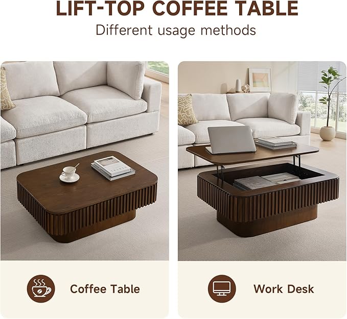 SZTHHDF Lift Top Coffee Table for Living Room,Rectangle Handmade Solid Wood Strips, Fluted Coffee Table with Hidden Storage Compartment Small Space Office Apartment (38.6" L×26.8''W×13.8''H-Walnut)
