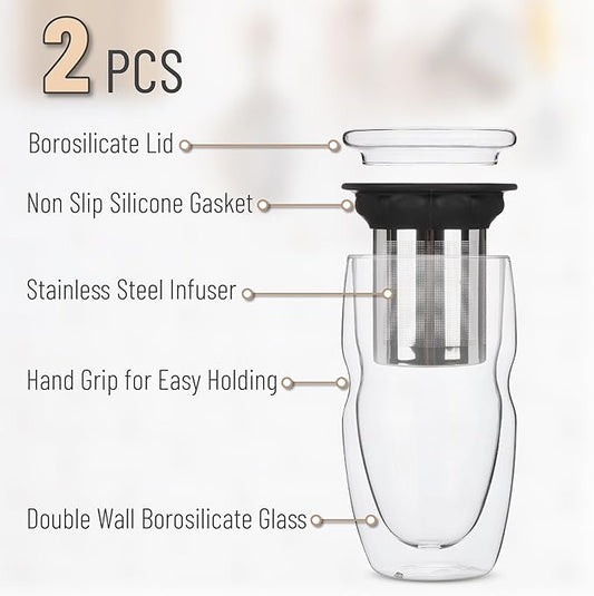 BTaT- Double Wall Glass Tea Cup With Stainless Steel Infuser and Lid, 16 oz, 2 Pack, Borosilicate Glass Tea Mug Infuser, Gifts for Tea Lovers