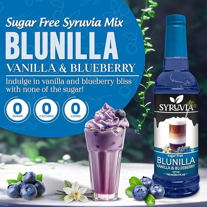 Syruvia Sugar Free Coffee Syrup, BLUNILLA Syrup, Vanilla Blueberry Flavored Syrup for Drinks, Lattes, and Desserts – 25.4 fl oz, With Pump