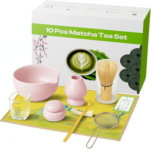 10-Piece Matcha Whisk Set | Complete Matcha Tea Kit with 17oz Ceramic Bowl, Bamboo Whisk & Scoop, Whisk Holder, Stainless Steel Sifter, Measuring Cup, Powder Caddy, Tea Towel | Gift-Ready Matcha Set