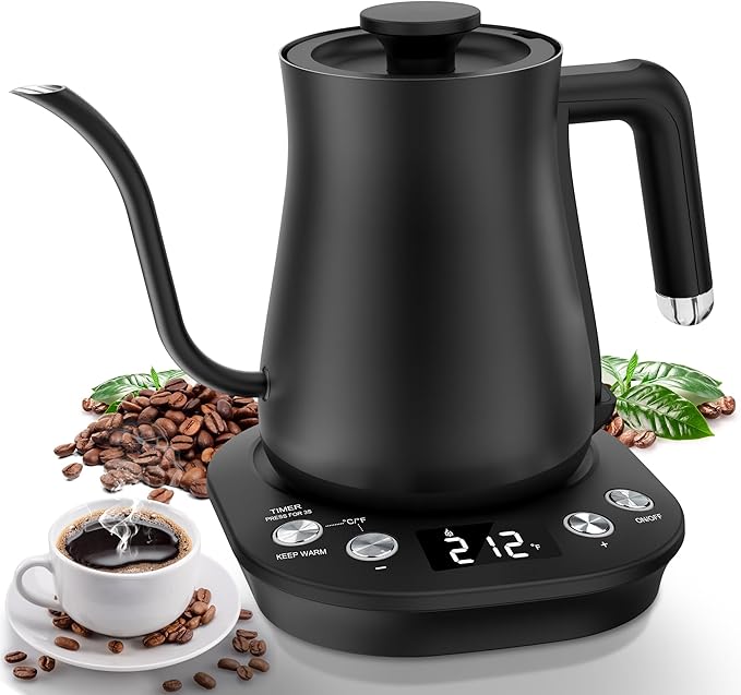 Electric Gooseneck Kettle, ±1°F Temperature Control, 304 Stainless Steel Inner, 0.8L/1200W Fast Heating with Auto Shut-Off & Safety Lock for Pour Over Coffee & Tea - Black