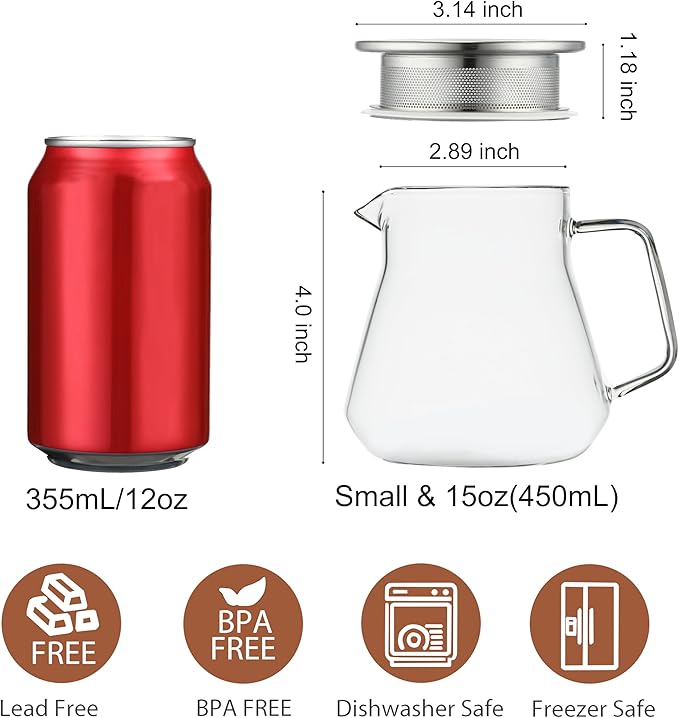 CNGLASS Small Glass Teapot with Stainless Steel Filter Lid,15oz(450ml) Glear Tea Kettle Stovetop Safe,Borosilicate Glass Tea Pots for Blooming and Loose Leaf Tea