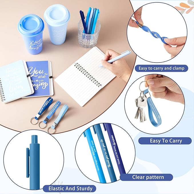 Skylety 12 Set/48 Pcs Employee Appreciation Gifts Bulk Christmas Thank You Gift Set 16 oz Coffee Cups Mini Spiral Notebooks Pens Keychains for Staff Team Teacher Coworker (Blue Gradient)