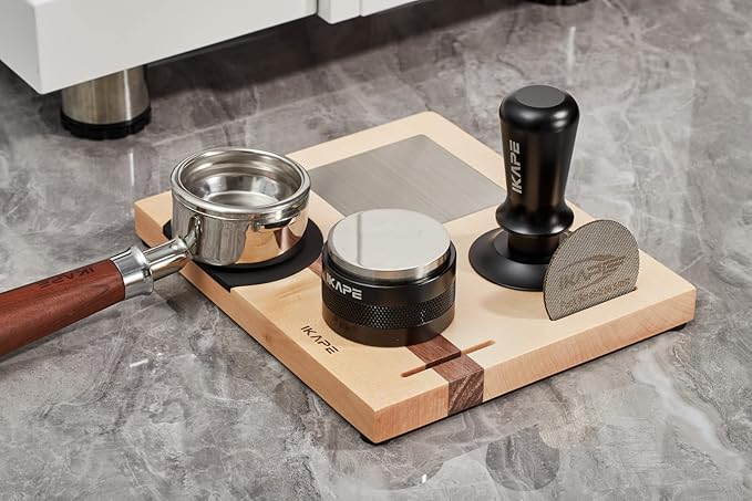 IKAPE Espresso Tamper Base, Espresso Accessories Organizer Box Compatible with All Size Espresso Brand Accessories, Natural Walnut Tamping Station Holder(4 IN One)