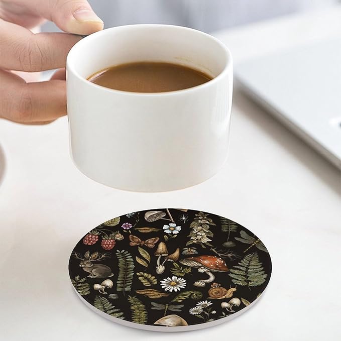 Botanical Drink Coasters, Round Ceramic Drink Coaster Round-4PCS, Vintage Plant Botanical Cartoon Mushroom Flower Decor Absorbent Ceramic Coasters for Beverage Cup, Bar, Coffee Table