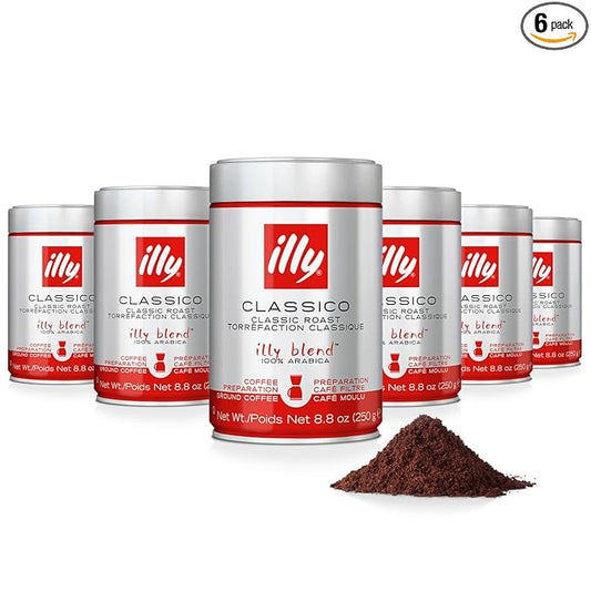 illy Ground Drip Coffee, Classico Medium Roast, 100% Arabica, Premium Italian Coffee, Pre-Ground for Drip Brewers, 8.8 oz, 6 Pack