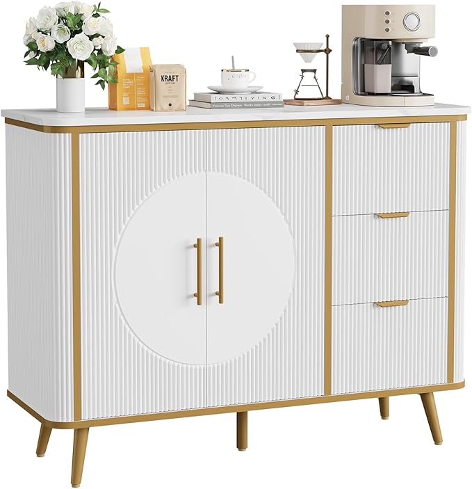 47.3" Modern Buffet Cabinet with Storage, Kitchen Sideboard Buffet with 2 Door & 3 Drawers, Fluted Caffee Bar Storage Cabinet for Dining Room, Living Room, Entryway, White