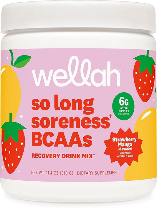 Wellah So Long Soreness BCAA Powder (Strawberry Mango Flavored) 30 Servings - with Hydration Complex