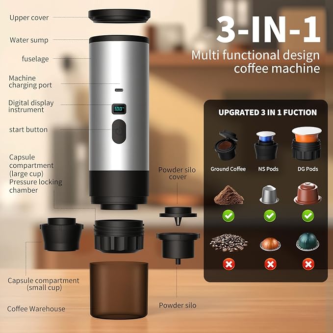 RQUOIRE 3-in-1 Portable Coffee Maker, Espresso Machine, Self-Heating Travel Coffee Maker Compatible with NS, DG Pods & Ground Coffee, Small Mini Espresso Machine for Car Camping, Hiking With Stand