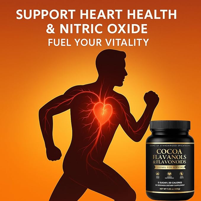 High Flavanol Cocoa Powder - Premium Supplement for Heart Health & Nitric Oxide Support with Theobromine, Magnesium & Natural Flavonoids, Antioxidant Rich, Sugar Free, Vegan, Non-GMO - 7.05 oz (1)