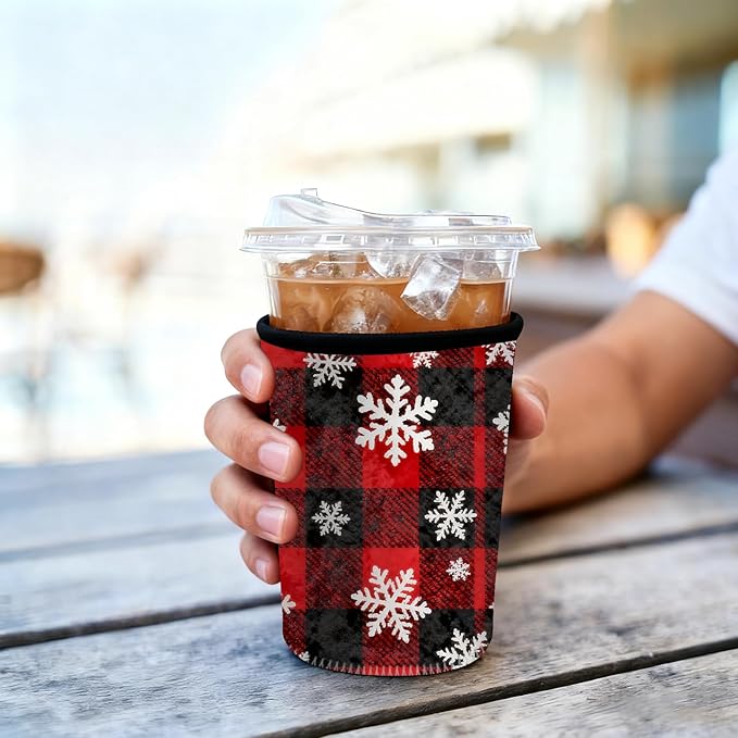 Neoprene Iced Coffee Sleeve 3 Pack, Reusable Insulated Cup Holder with Red Buffalo Plaid Snowflake Pattern, Fits 16–32 oz Tumblers, Compatible with Starbucks & Dunkin