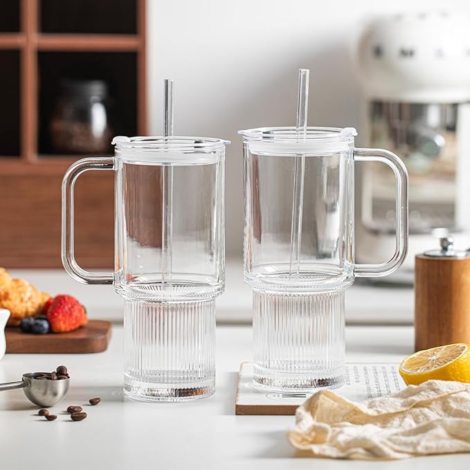 INSETLAN 26oz Glass Tumbler with Handle & Lid – 2-Pack Large Iced Coffee Cups with Straws, Modern Glass Mug for Cold & Hot Beverages, Aesthetic Glass Cups for Smoothies, Tea, and Juice