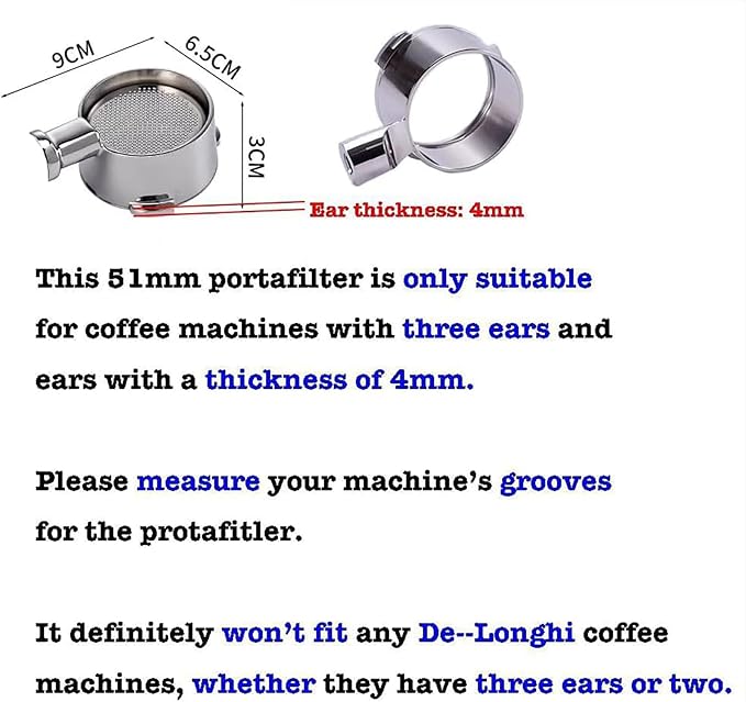 51mm Bottomless Portafilter, 3 Ears Espresso Portafilter for Gevi, Capresso, DONLIM, Mr. Coffee Cafe Barista, Bella Pro Series, Swan Nordic Espresso Machine, 4mm Thick