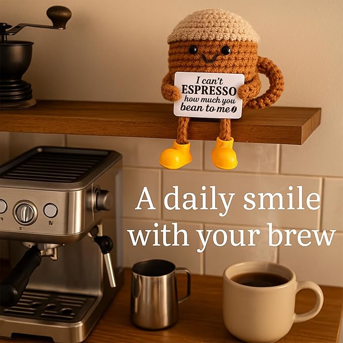 Valentine's Day Gifts for Her Him Women Men Girlfriend Boyfriend Birthday Gifts, Positive Crochet Coffee Cup Desk Decor, Cute Small Coffee Lover Gift for Best Friend Couple Wife Husband
