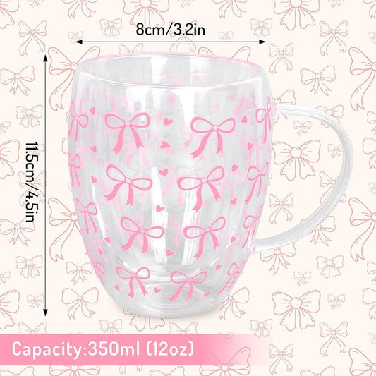 JarThenaAMCS Pink Bow Double Wall Glass Coffee Mugs 12Oz Cute Bowknot Heart Insulated Glasses Clear Espresso Cups with Handle for Home Holiday Supplies, Set of 2