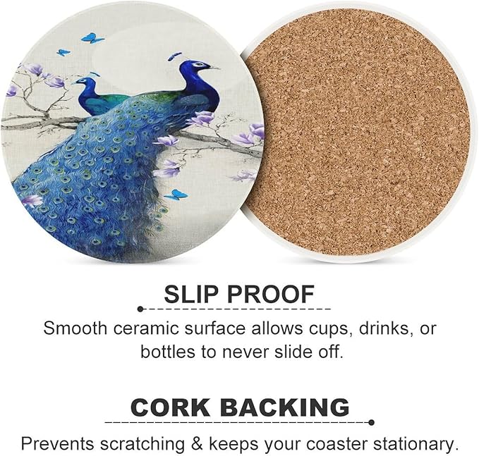 Peacock Drink Coasters, Round Ceramic Drink Coaster Round-6PCS, Vintage Style Beautiful Blue Peacock Floral Decor Absorbent Ceramic Coasters for Beverage Cup, Bar, Coffee Table