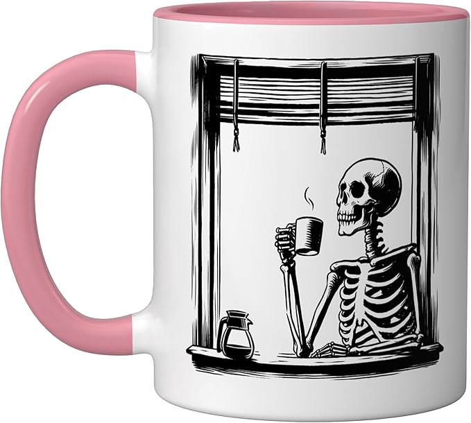 Skeleton Drinking Coffee - Minimalist Graphic Coffee Lover Ceramic Mug, Pink/White
