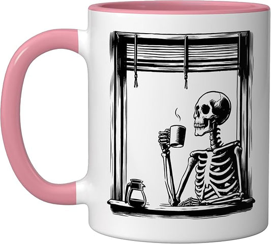 Skeleton Drinking Coffee - Minimalist Graphic Coffee Lover Ceramic Mug, Pink/White