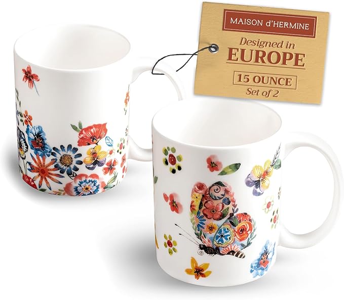 Maison d' Hermine Coffee Mug with Handles Fine Bone China Mugs Pack of Two Tea Cups for Hot Beverages Cappuccino Latte Home Restaurant Office Perfect for Gift (Happy Florals - High Summer, 15 Ounce)