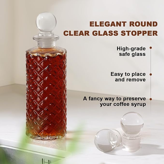 Coffee Syrup Dispenser Bottles, 4 Pack Glass Syrup Dispensers for Coffee Bar, 6.1 Fl Oz Small Maple Syrup Container Set with Golden Spoon, Vintage Oil Dispenser Bottle for Kitchen