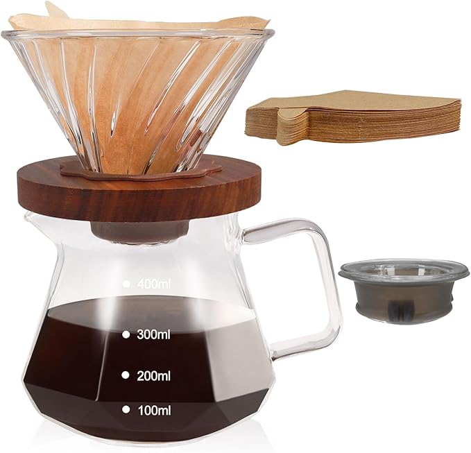 Pour Over Coffee Maker Set 400ml 13.5oz Portable with 50 Pcs Filter Paper Glass Coffee Maker High Borosilicate Glass Eagle Beak Spout Design Walnut Wood Base for Pour Over for Daily Brewing