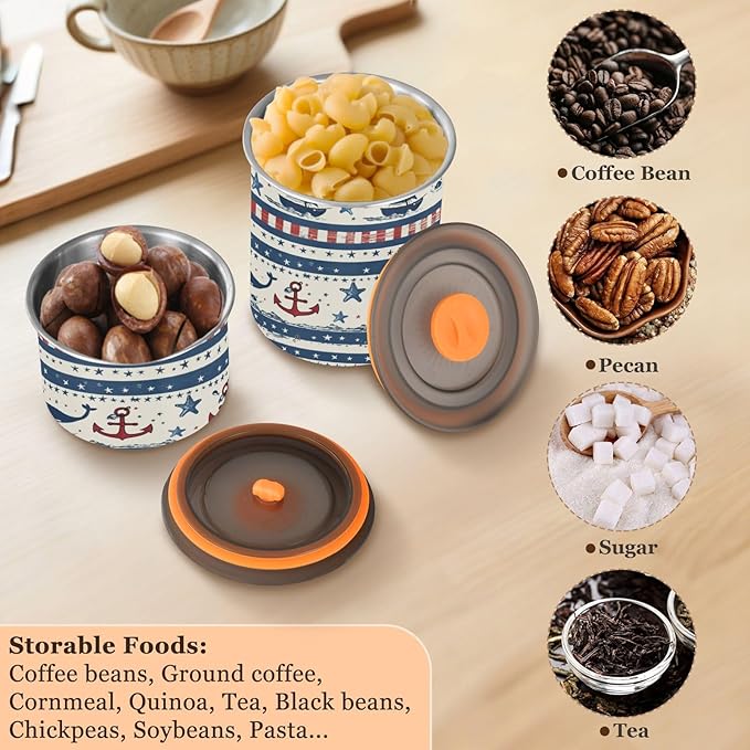 ALAZA Sailboat Anchor Stars Stripe Airtight Coffee Bean Canister 500ml Food Storage Containers with Lids For Gournd, Tea, Sugar, Flour, Rice, Cereal, Candy Cookie Jar