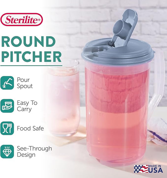 Sterilite 2 Quart Clear Round Plastic Pitcher, Dishwasher Proof with Blue Lid, Spout, and Handle for Easy Pouring, Washed Blue, 18-Pack