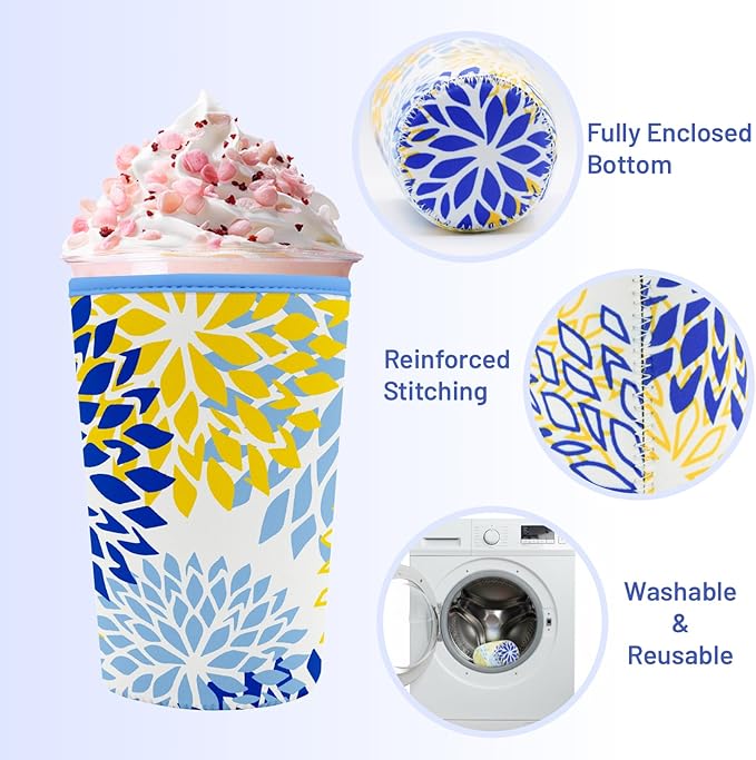 Iced Coffee Sleeve Reusable Cup Sleeves for Cold Drinks Neoprene Koozie Cozy Plastic Cup Covers for Drinks, Blue Yellow Flower
