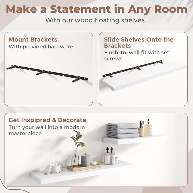 Floating Shelves for Wall with Invisible Brackets, Wall Mounted Engineered Wood Shelves with Wood Grain for Living Room, Bedroom, Bathroom, Kitchen Decor and Storage, Oak, 48"L Set of 2, White