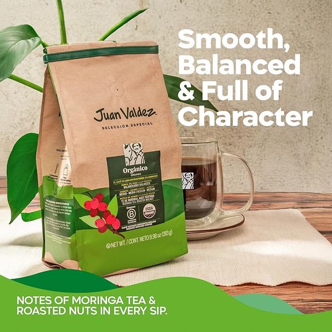 Juan Valdez Organic Ground Coffee - Balanced Roast | 100% Colombian Arabica Beans | 100% Colombian Coffee | Certified USDA Organic | Notes of Moringa Tea & Roasted Nuts | 10 oz / 283 gr