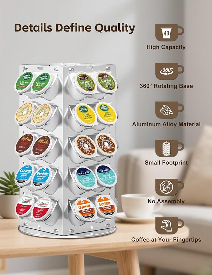 K Cup Holder, Coffee Pod Holder for Keurig – 360° Rotating Aluminum Coffee Organizer for Countertop,Saving Design with Anti-Slip Base for Kitchen or Office,Capacity of 40 Pods (Silver)