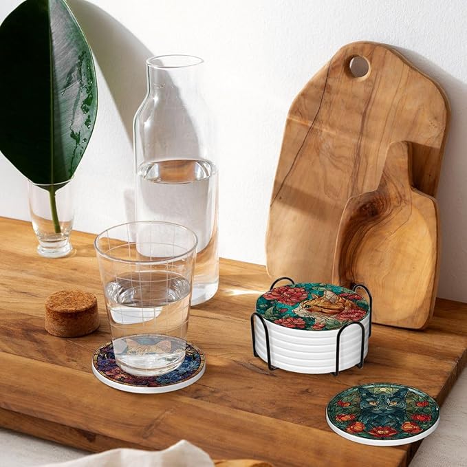 LOKMU Coasters for Drinks,Round Absorbent Ceramic Stone Coaster Sets of 6 with Metal Holder Stand,Stained Glass Cat and Flowers Coasters with Cork Base for Coffee Wooden Table,Housewarming Gifts
