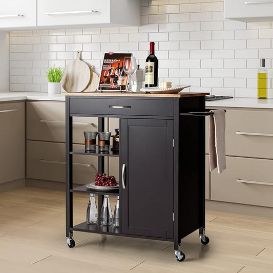 Giantex Kitchen Island - Mobile Kitchen Cart on Wheels, 1-Door Storage Cabinet, Large Drawer, 3 Tier Shelves, Rubber Wood Countertop, Towel Handle, Rolling Serving Cart for Dining Room Bar (Brown)