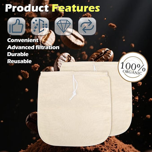 2 Pack Organic Cotton Cold Brew Coffee Filter Bags, Reusable with Drawstring, 12x12 Inch, for Pitchers, Mason Jars, Toddy Systems