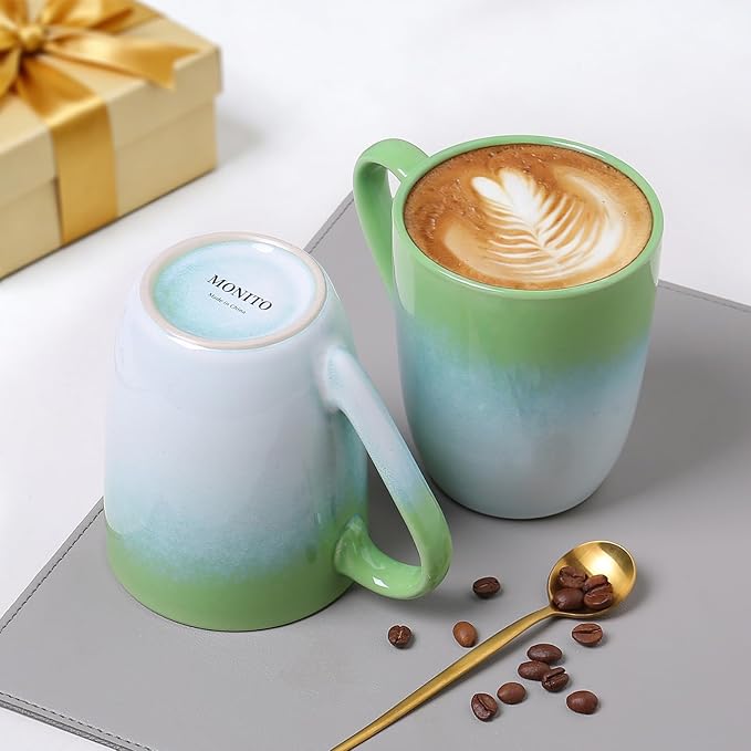 MONITO 14 OZ Coffee Mugs Set of 6, Large Ceramic Coffee Mugs，Modern Coffee Mugs Set with handle for Tea/Latte/Cappuccino/Milk/Cocoa, Funny Tea Cups for Office and Home (White-green)