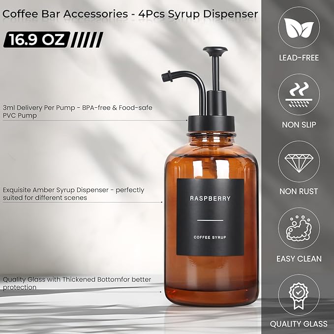 GYOSUGANG Coffee Syrup Dispenser, Set of 4 Amber Glass Syrup Bottle w. Pump and Labels, 16.9 oz 500ml Glass Syrup Bottle with Pump, Farmhouse Syrup Dispenser for Coffee Bar, Ideal Gift