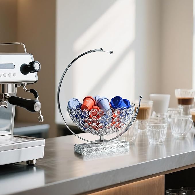 Metal & Crystal Coffee Pod Holder & Candy Basket - Elegant Multipurpose Storage Organizer for K Cups, Espresso Pods, Treats - Kitchen, Office, Home Bar (Silver, 2 PCS)