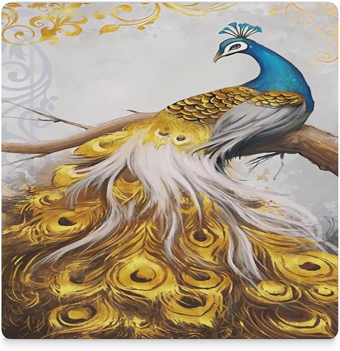 Peacock Drink Coasters, Square Ceramic Drink Coaster Square-4PCS, Tree Branch Vintage Beautiful Gold Peacock Decor Absorbent Ceramic Coasters for Beverage Cup, Bar, Coffee Table