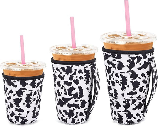3 Pack Iced Coffee sleeve Insulated Neoprene Cup Sleeves with handle For Cold Drinks Beverages, Reusable Cup Holder for 16oz-32oz Coffee Cups (Cow Print)