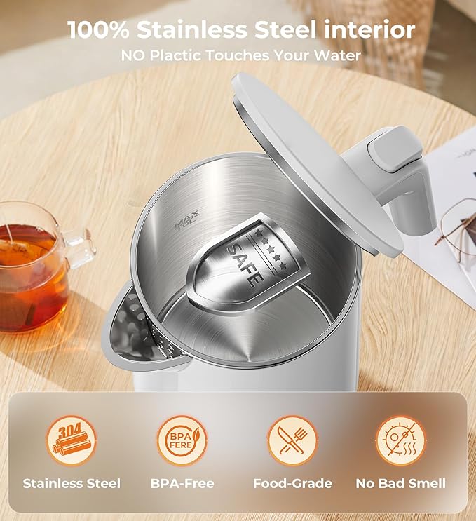 Electric Kettle, 1.0L Fast Boiling with 7 Temperature Settings, Auto Shut-Off & Boil-Dry Protection, Stainless Steel Interior, 4 Hour Keep Warm, Cool Touch Double Wall, Perfect for Coffee & Tea, White