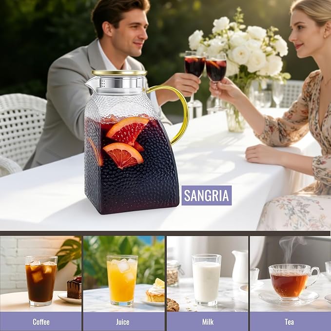 Glass Pitcher With Lid and Spout, 1.8 Liter 60 oz Glass Pitchers With Handle And Lid, Jug Water Pitchers For Fridge, Carafe Jar for Hot/Cold Water Iced Tea Juice Coffee Milk Beverage
