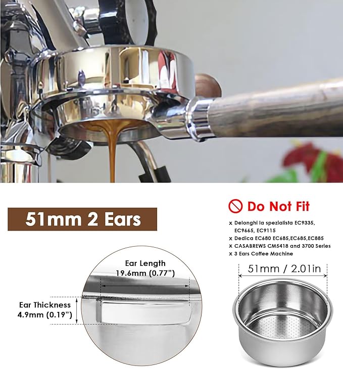 51mm 2-Ear Bottomless Portafilter for DeLonghi ECP3420, EC155, EC260, BCO430 - Nakeds Portafilter with-Black rosewood Handle & Double Shot Filter Basket (NOT for Dedica EC685/EC785)