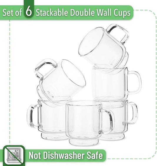 BTaT- Double Walled Stackable Espresso Cups, 2 oz, Set of 6, Clear Demitasse Coffee Mugs, Double Wall Insulated Espresso Cups, Coffee Mugs for Tea, Lattes