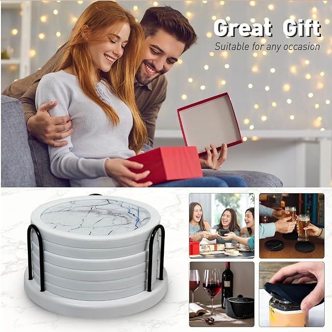 Set of 6 Non-Slip Silicone Coasters with Holder, Double-Sided Absorbent for Hot/Cold Drinks, Scratch & Water Ring Protection for Wood Tables, Home Office Bar, Black Gold Marble (White)