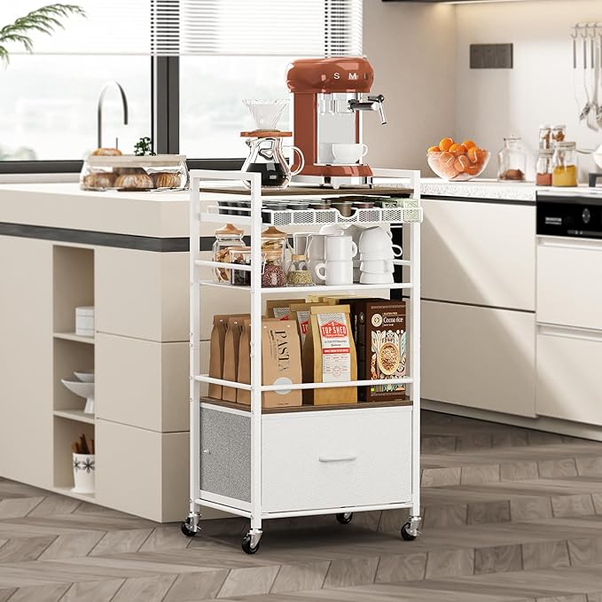 Coffee Bar Cabinet with Storage，5 Tier Coffee Station Table on Wheels, 33.6" H Cart with Drawer for Home Kitchen, Liquor Buffet Sideboard Cabinet (Modern White)