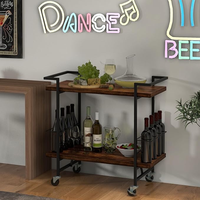 GOFLAME Bar Cart for Home, 2-Tier Kitchen Cart with Lockable Wheels and Anti-Fall Guardrail, Bar Serving Cart with Metal Frame, Rolling Beverage Storage Cart for Dining Room, Living Room